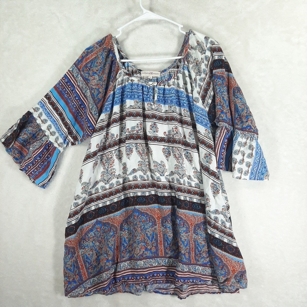 Altar'd State Boho Paisley Bell‎ Sleeve Blouse Blue Rust Mixed Print Top Large